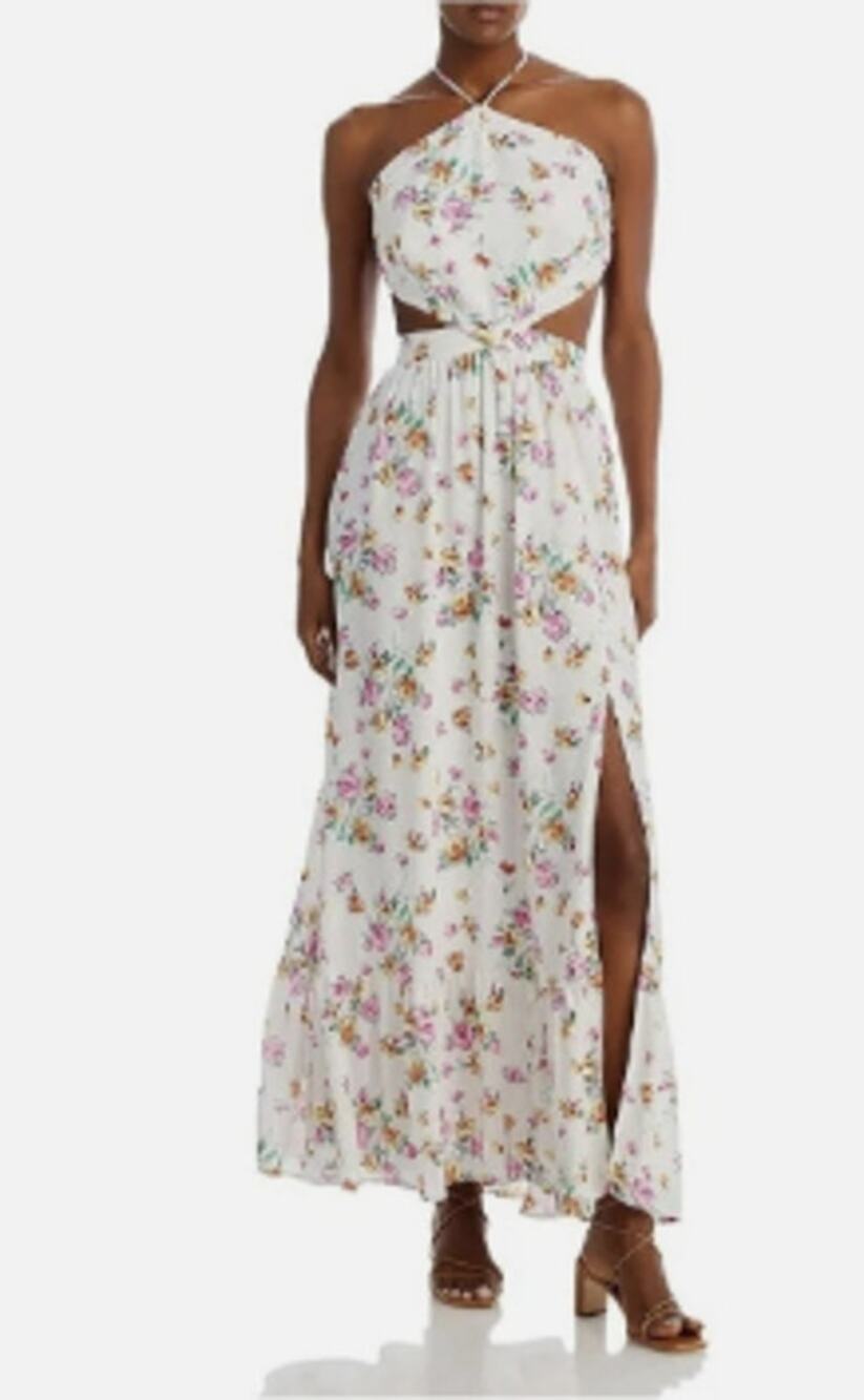 WAYF White Floral Open Back Tie Back Lined Sleeveless Maxi Fit Flare Dress L NWT